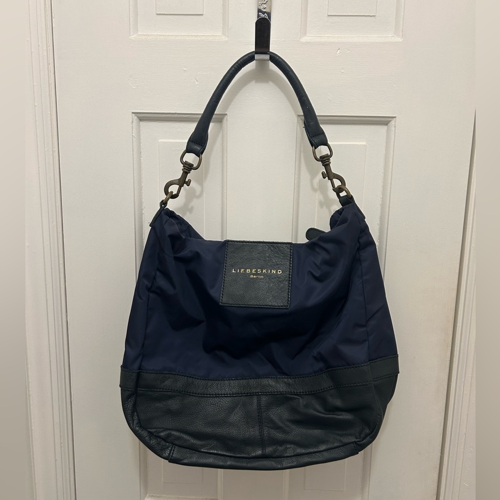 LIEBESKIND DARK BLUE NYLON SATCHEL WITH BLACK LEATHER ACCENT